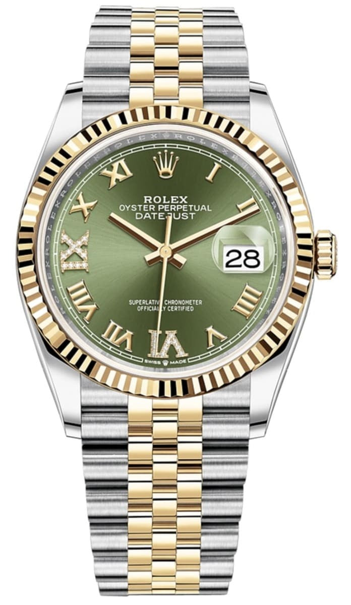 Datejust 36 Steel & Yellow Gold Olive Green Pave Roman Dial Women’s Watch M126233-025 36mm